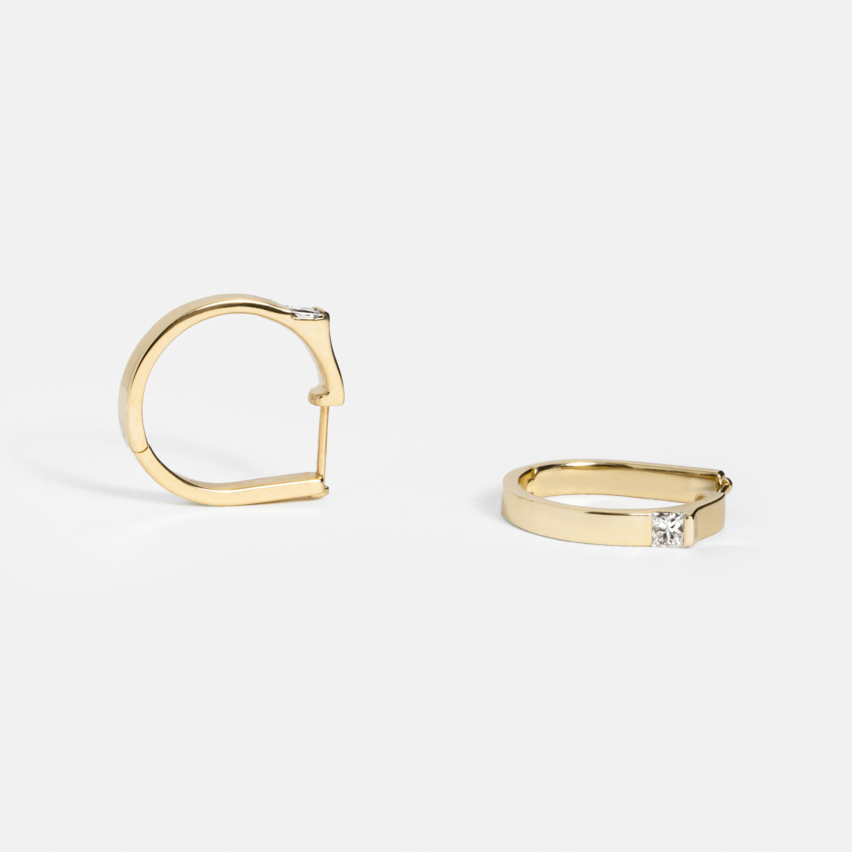 Cool hinged hoop earring with princess cut mined white diamonds in 14 karat yellow, white, rose gold by SHW cool fine jewelry stores NYC