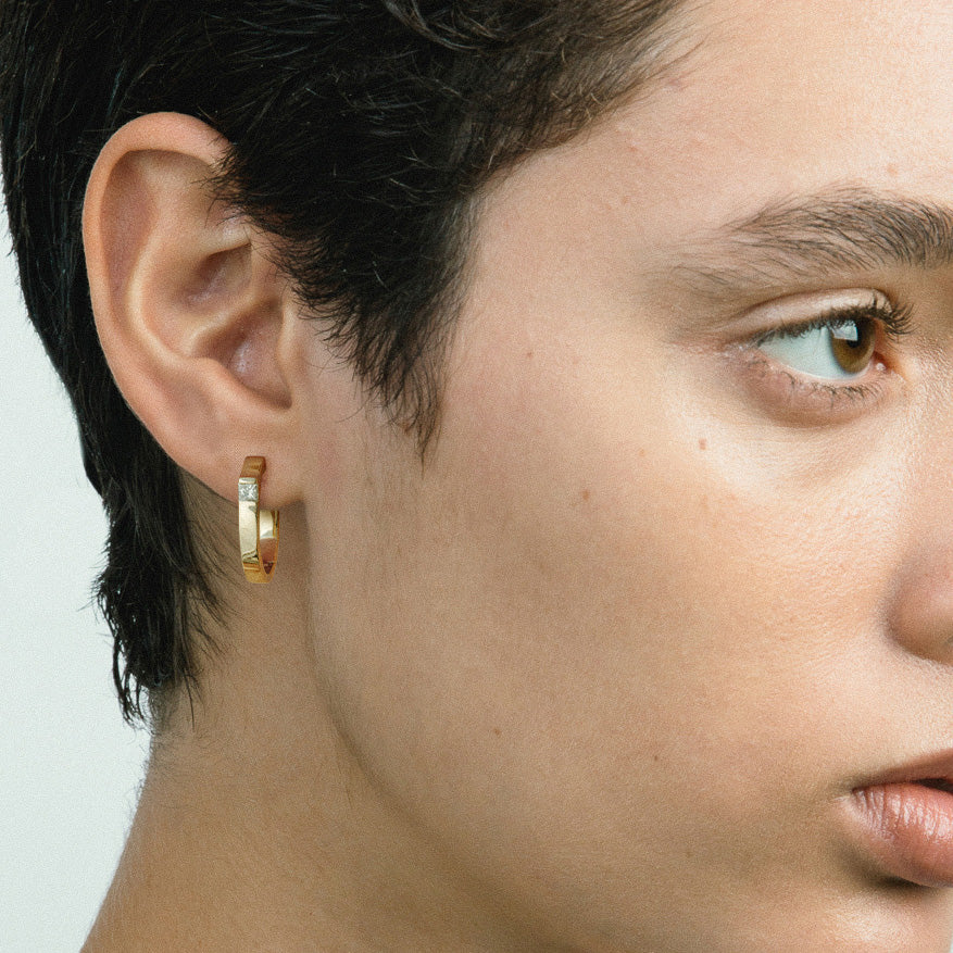 Designer huggie hoop earrings with princess cut diamonds in 14k yellow, white, rose gold by SHW best fine jewelry store in NYC nearby