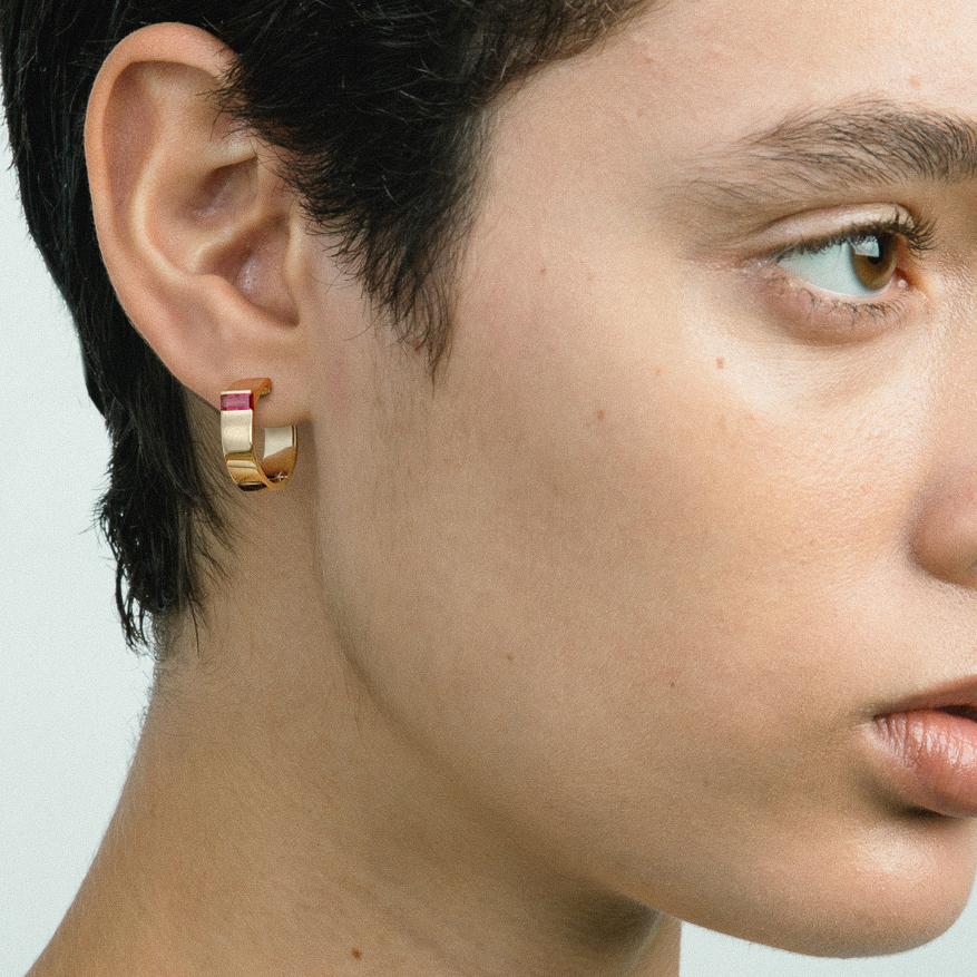 Designer leverback hoop earrings with red ruby gemstone in solid 14k yellow, white, rose gold by SHW best fine jewelry store in NYC nearby