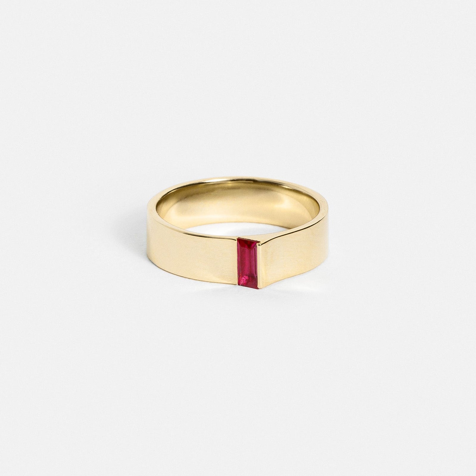Unique Shape Stackable Wedding Band with Baguette Cut Red Ruby Gemstone in solid 14k yellow gold by SHW best fine jewelry shop in NYC