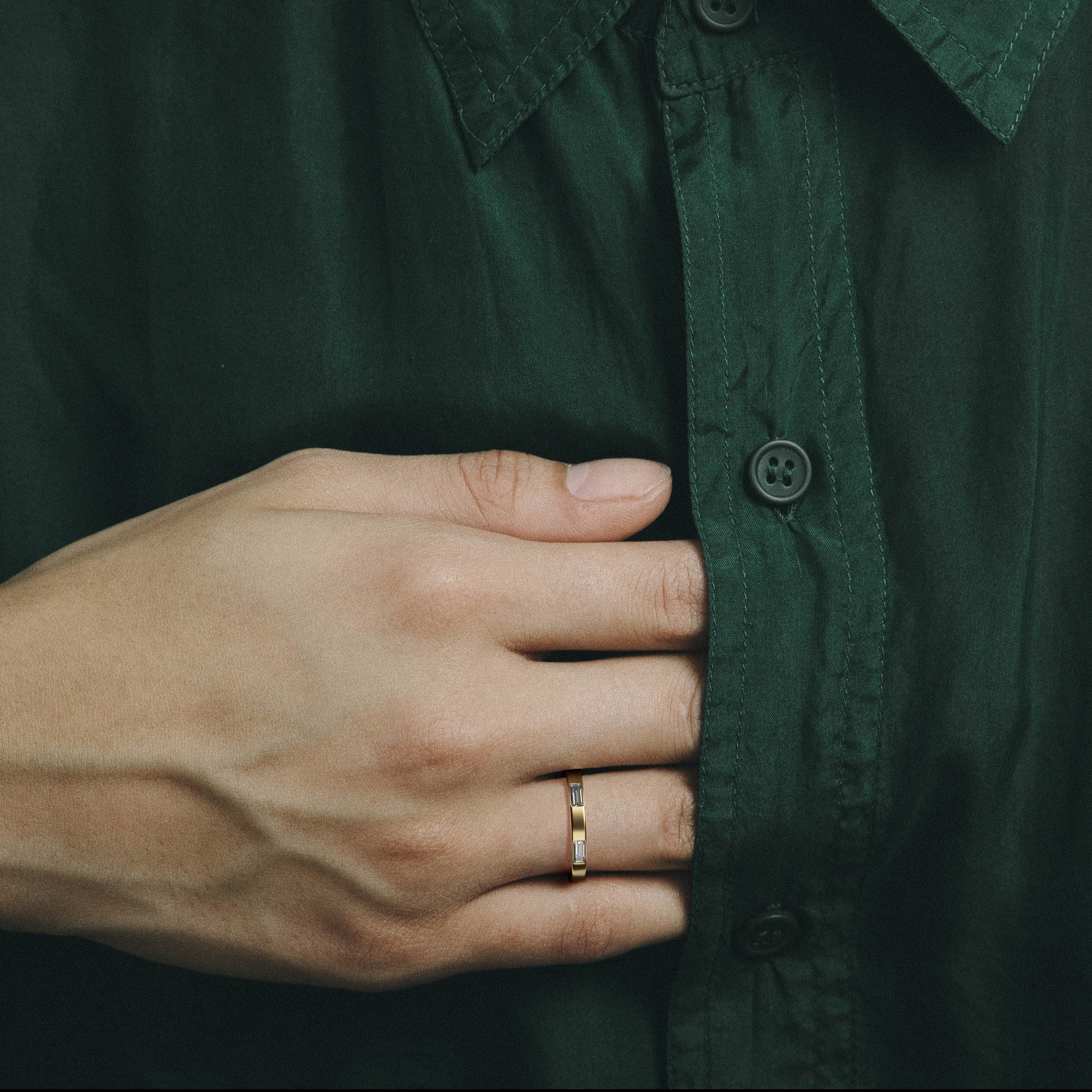 Minimalist Thinner Wedding Band with Baguette-cut natural white diamonds in solid 14k 18k yellow gold by SHW cool fine jewelry stores in NYC
