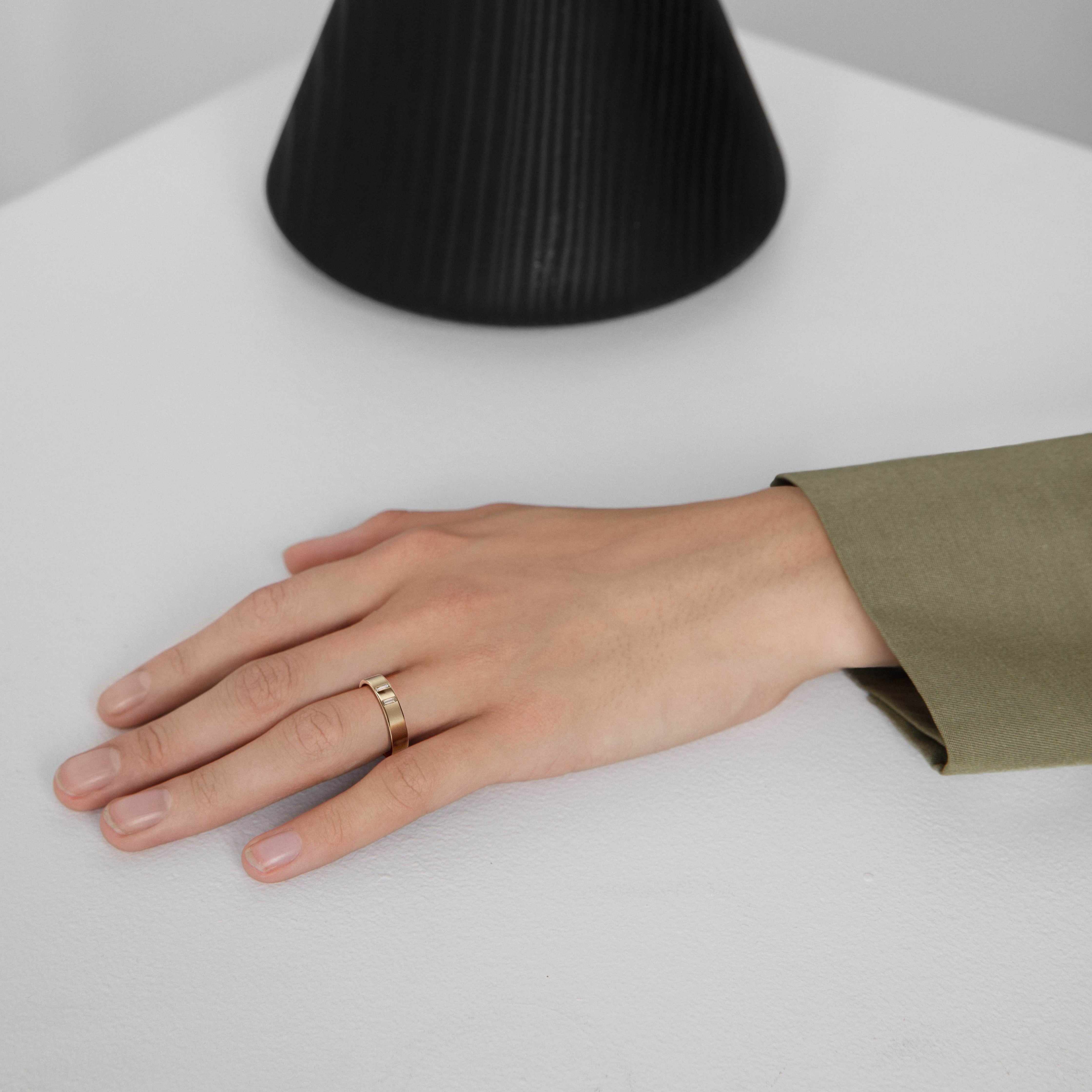 Minimalist Unisex Wedding Band with Baguette-cut natural white diamonds in solid 14k or 18k yellow gold by SHW cool fine jewelry store in NYC