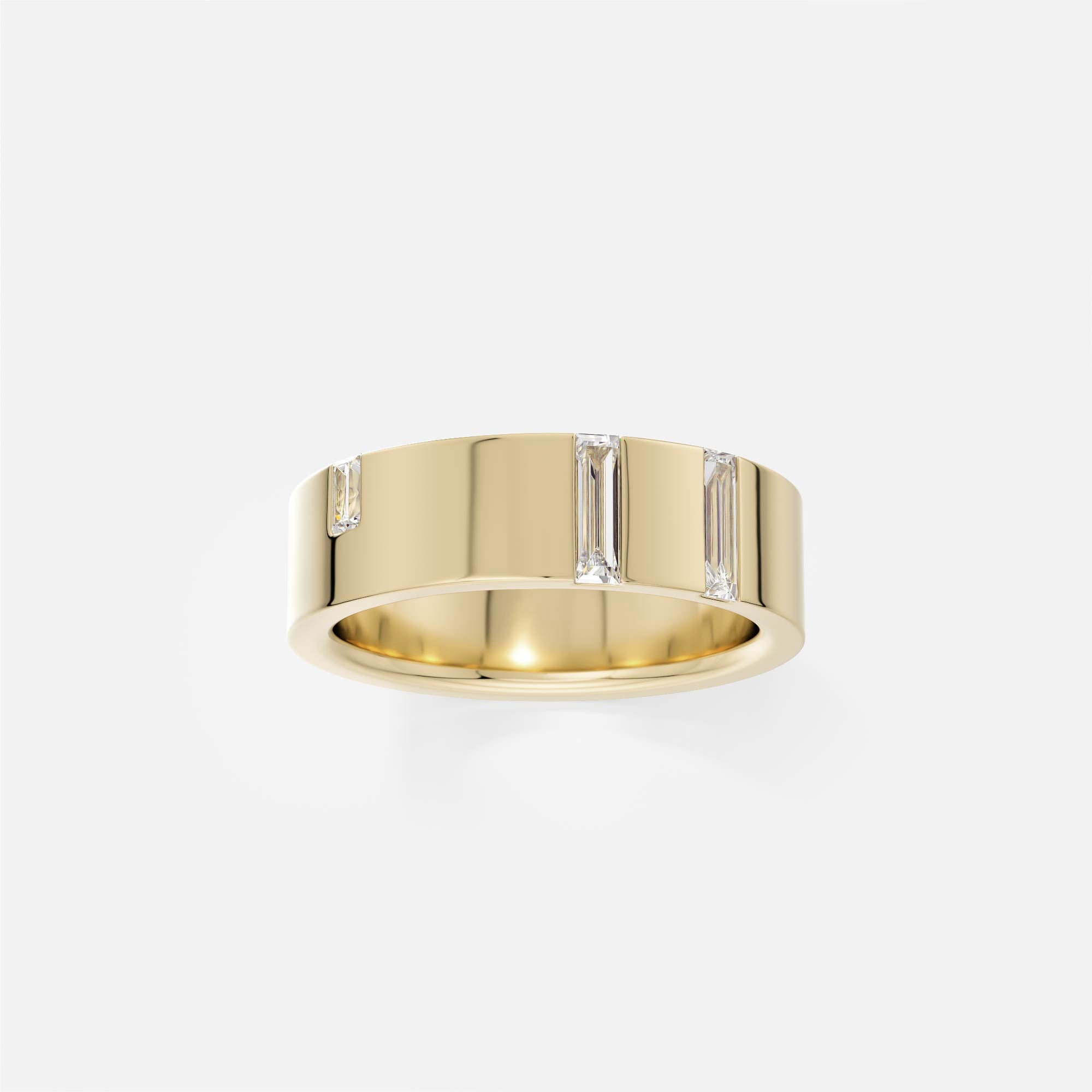 Modern Sculptural Wedding Band with embedded Baguette cut Diamonds set to edge in Solid 14 karat gold by SHW famous fine jewelry store NYC