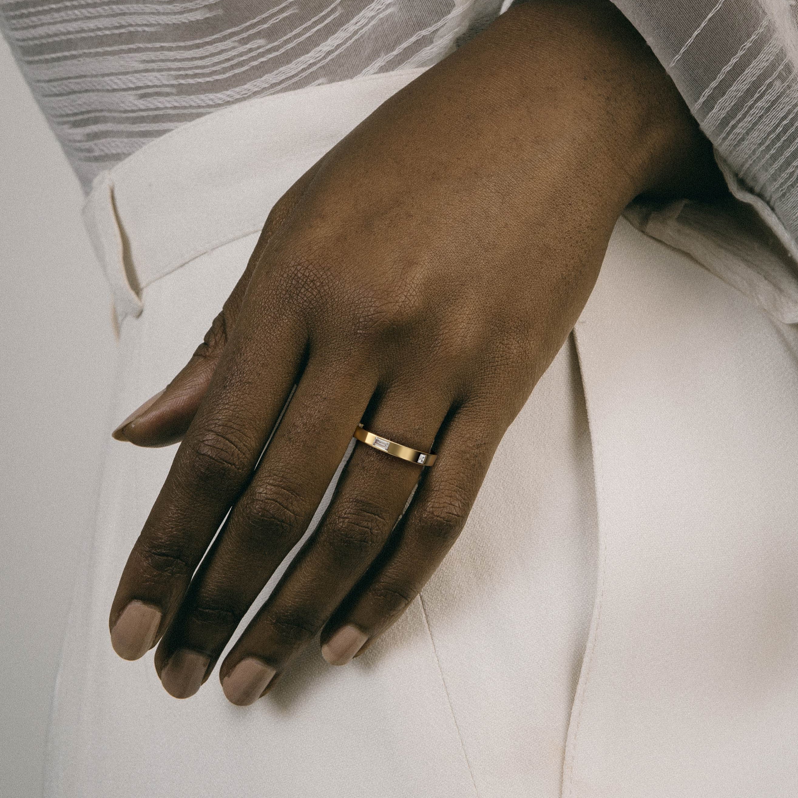Cool Thin Womens Engagement Band with Princess and Baguette Cut Diamond in solid 14k yellow gold by SHW famous fine jewelry store in NYC