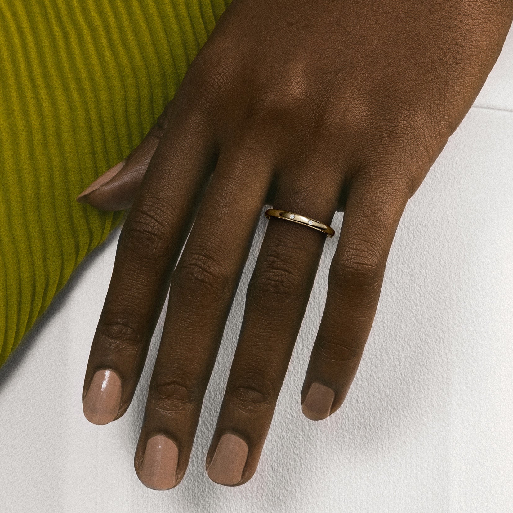Minimalist Thin Wedding Band with 2 natural white diamonds in solid 14k, 18k yellow gold by SHW famous fine jewelry store in NYC near me