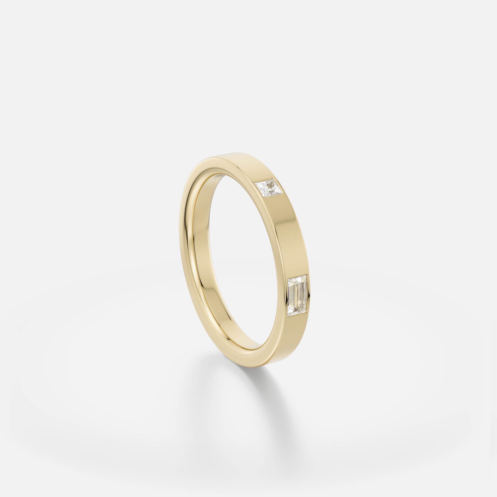 Modern Thin Womens Wedding Band with Princess and Baguette Cut Diamond in solid 14k yellow gold by SHW best fine jewelry store in NYC