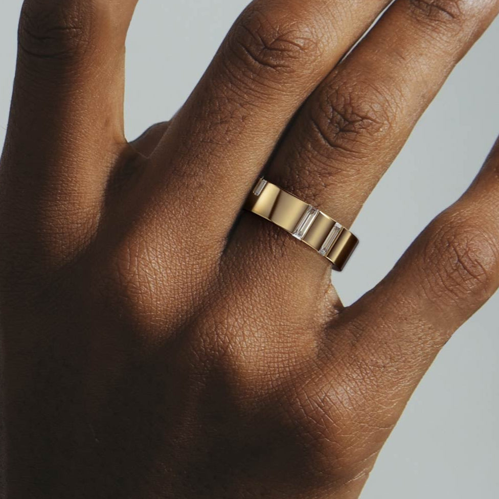Modern Sculptural Wedding Band with embedded Baguette cut Diamonds set to edge in Solid 14k gold by SHW famous fine jewelry stores NYC