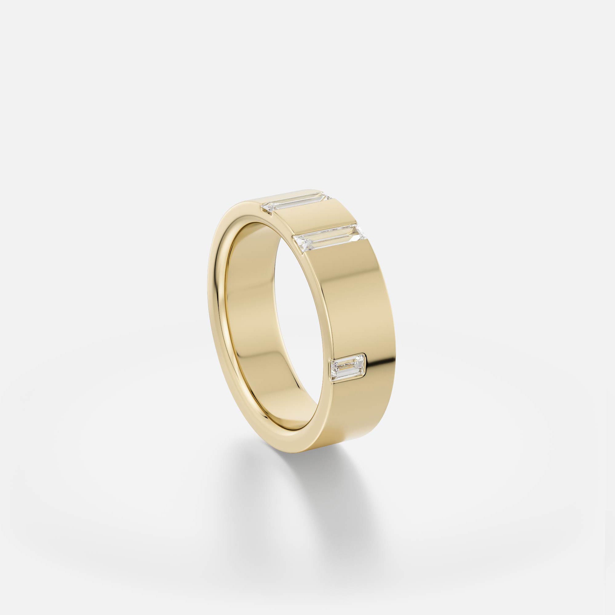Unique Chunky Wedding Band for Men and Women with Baguette Cut Diamond in solid 14k yellow gold by SHW best fine jewelry store in NYC