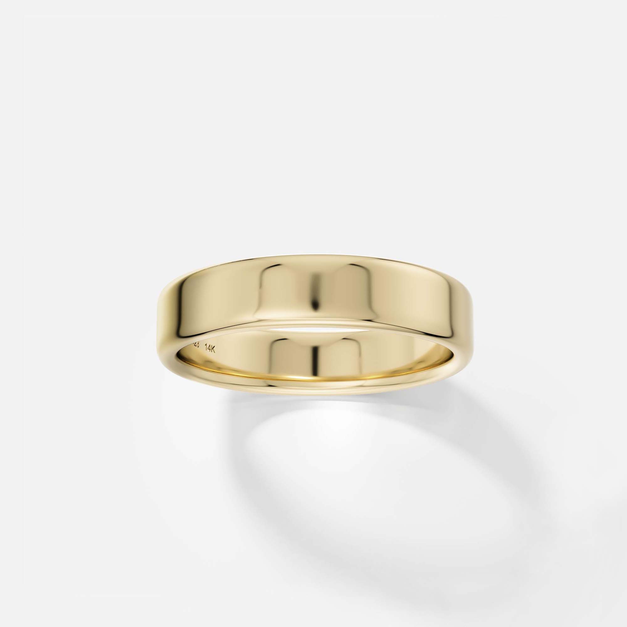 Modern 5mm wide mens wedding band with softened edges and flat profile in 14k, 18k gold or platinum by SHW designer jewelry store in NYC