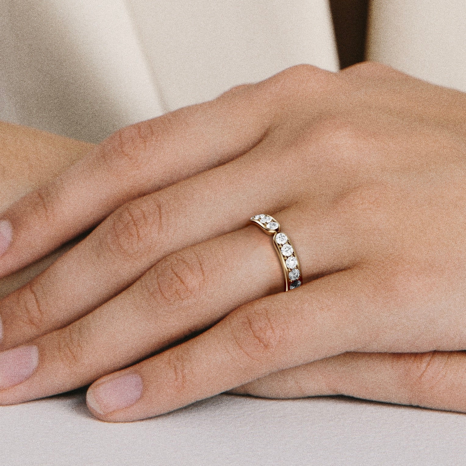Custom front-detail pavé diamond ring, stackable design 14k 18k SHW fine jewelry stores nearby