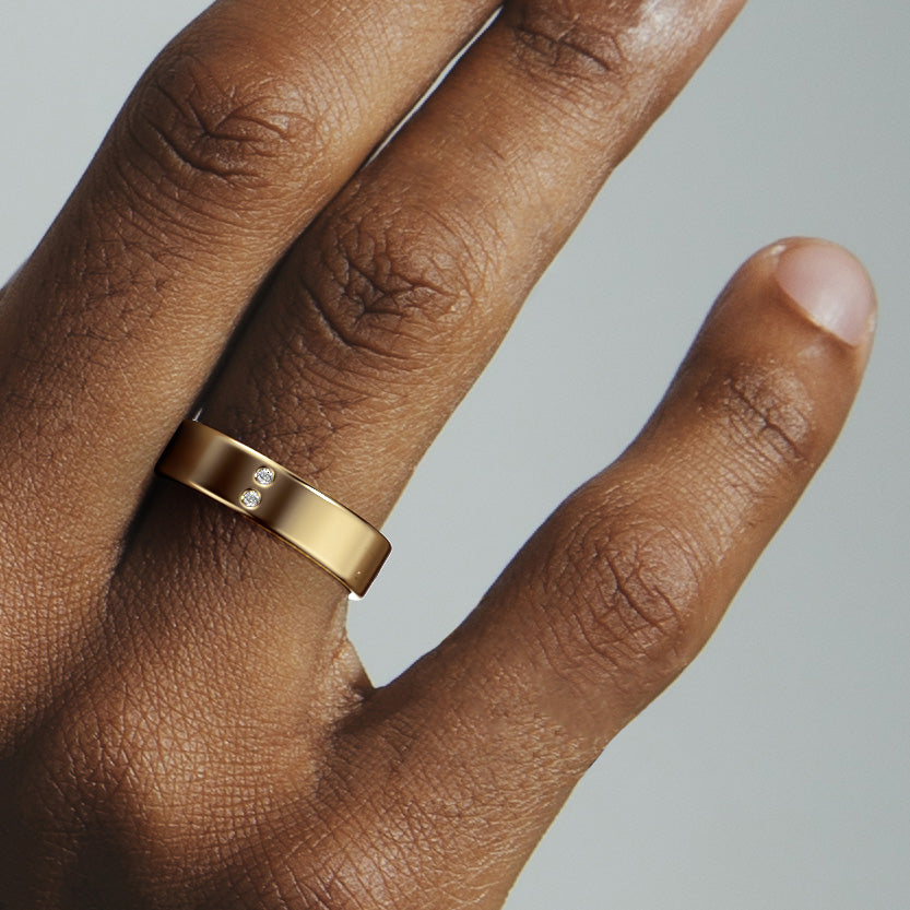 Minimalist 5mm Wedding Band with 2 natural white diamonds in solid 14k, 18k yellow gold by SHW famous fine jewelry store in NYC near me