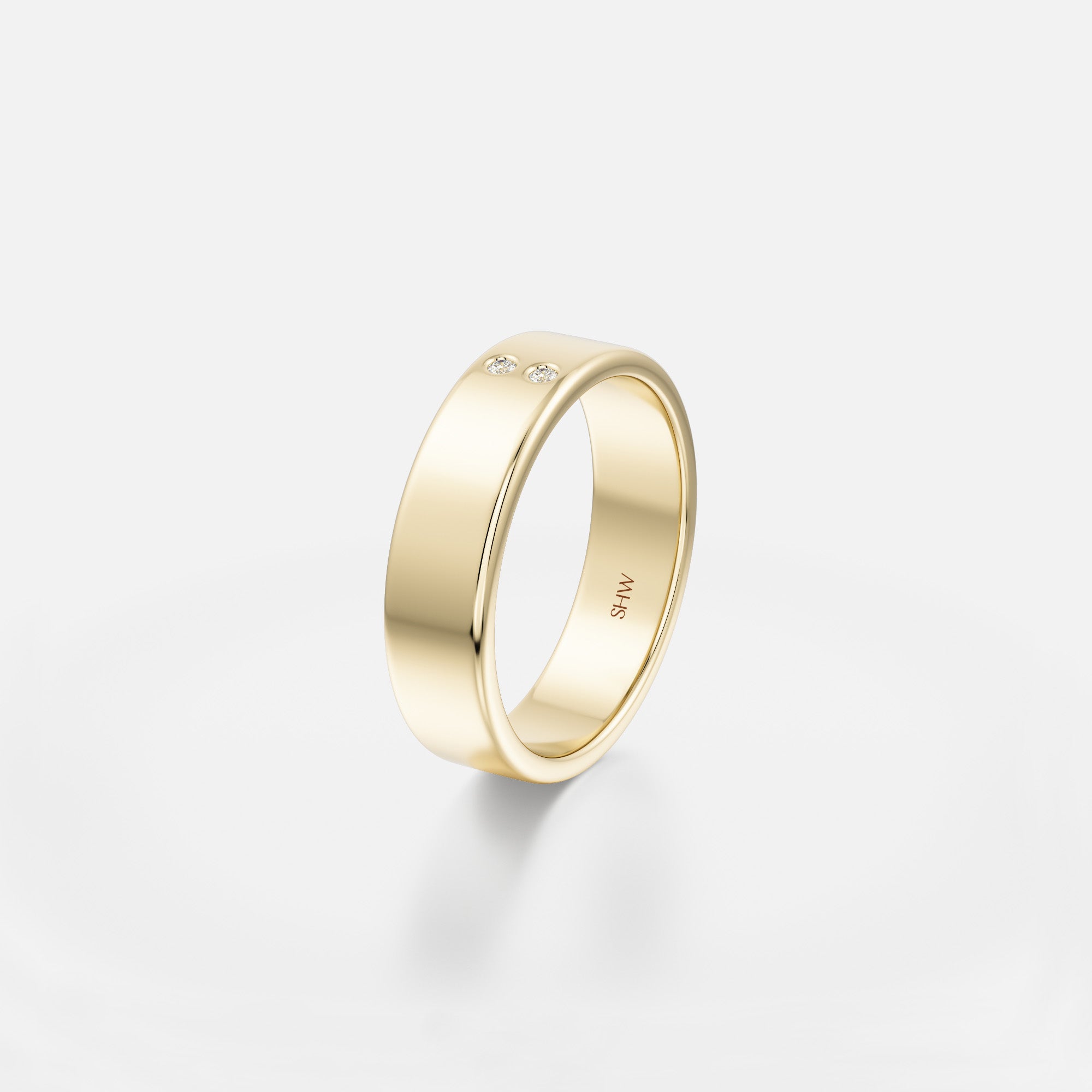 5mm Modern comfortable fit Wedding Ring with two tiny diamonds on band in solid 14k, 18k gold by SHW cool fine jewelry store in NYC near me