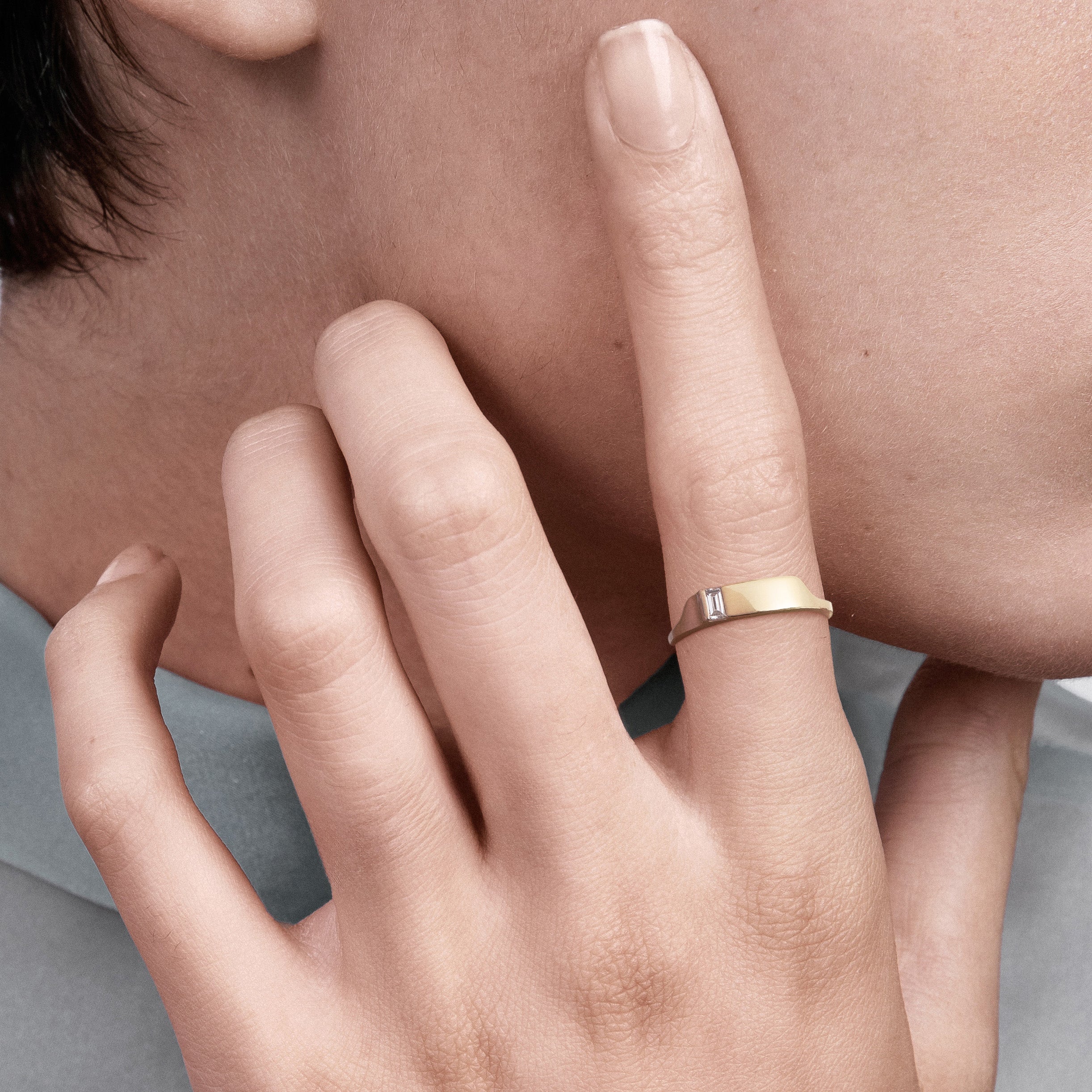 Contemporary Statement Ring with Baguette Mined Diamond in solid 14k yellow, white or rose gold by SHW cool fine jewelry store in NYC nearby