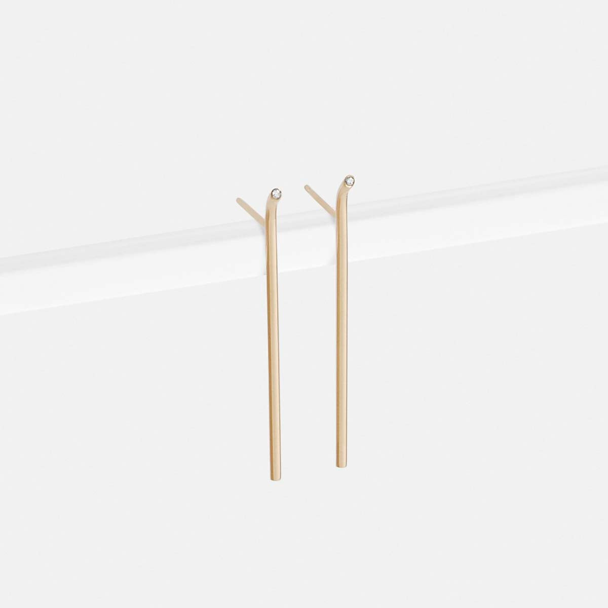 Yellow Gold: Lero Designer Bar Earrings 14k Gold set with White Diamonds By SHW Fine Jewelry NYC