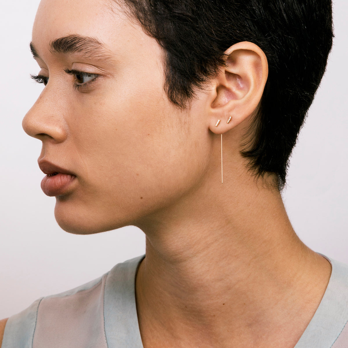 Olko Long Handmade Pull Through Earring 14k Gold set with White Diamonds By SHW Fine Jewelry NYC