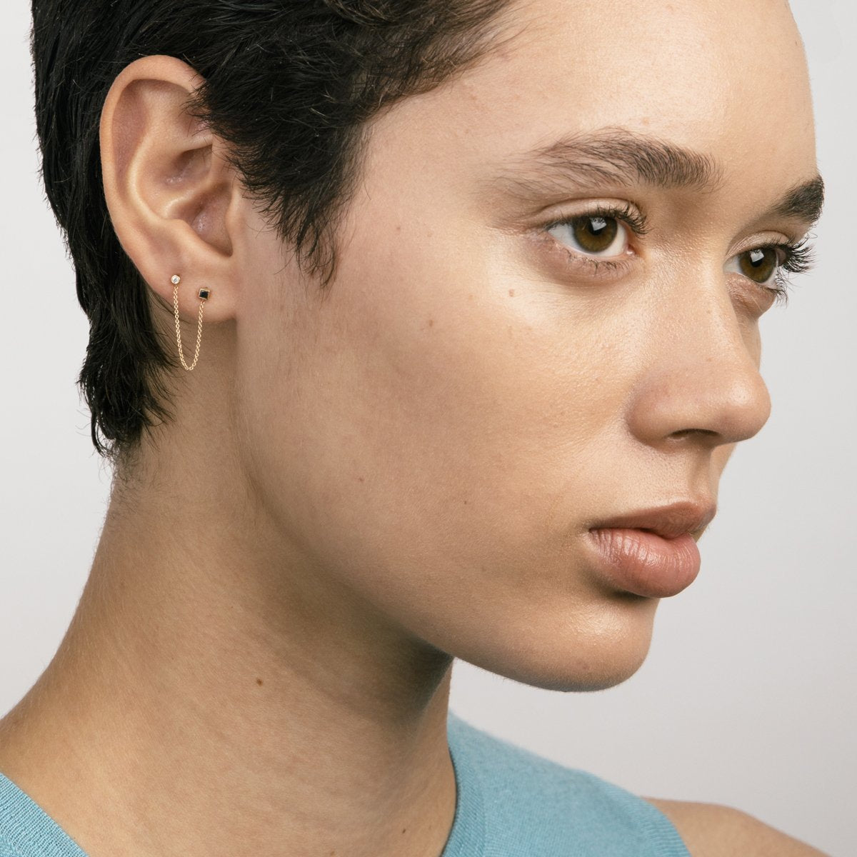 Noma Alternative Double Piercing Earring in 14k Gold set with White and Black Diamonds By SHW Fine Jewelry NYC