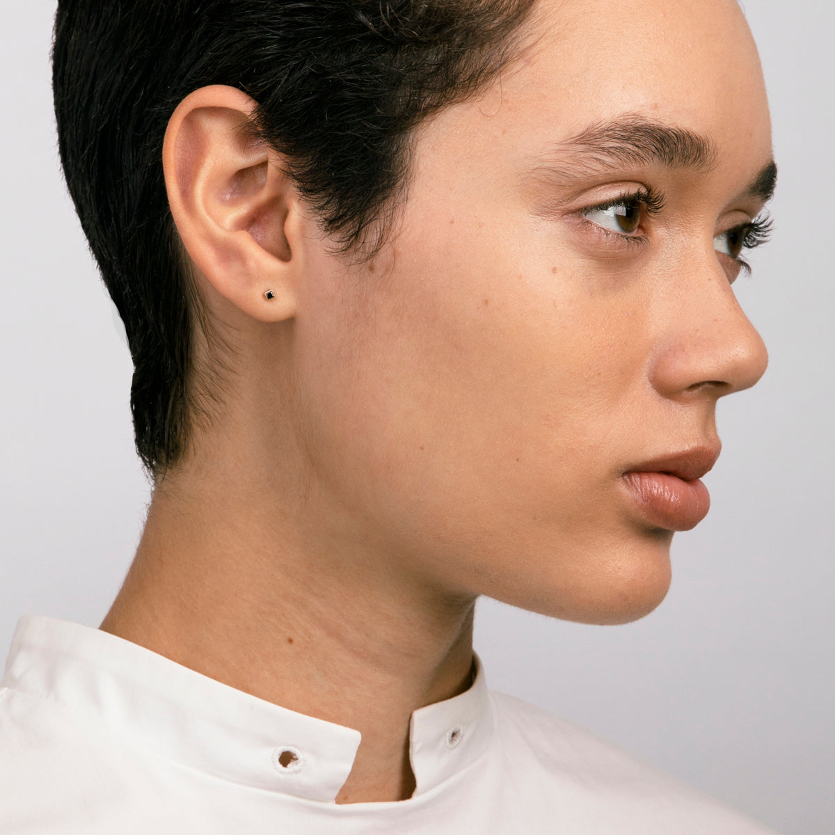 Small Minimalist Ona Bar Stud in 14k Gold set with Black Diamond By SHW Fine Jewelry NYC