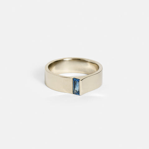 Unique Braga Ring with mined baguette-cut blue sapphire natural conflict free gemstone band recycled 14k yellow gold handmade in NYC by SHW fine Jewelry