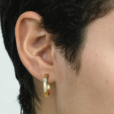 Chunky hinged hoop earrings with princess cut natural white diamonds in 14k yellow, white, rose gold by SHW cool fine jewelry shop in NYC