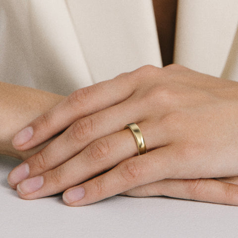 4mm flat and domed wedding band displayed on hand