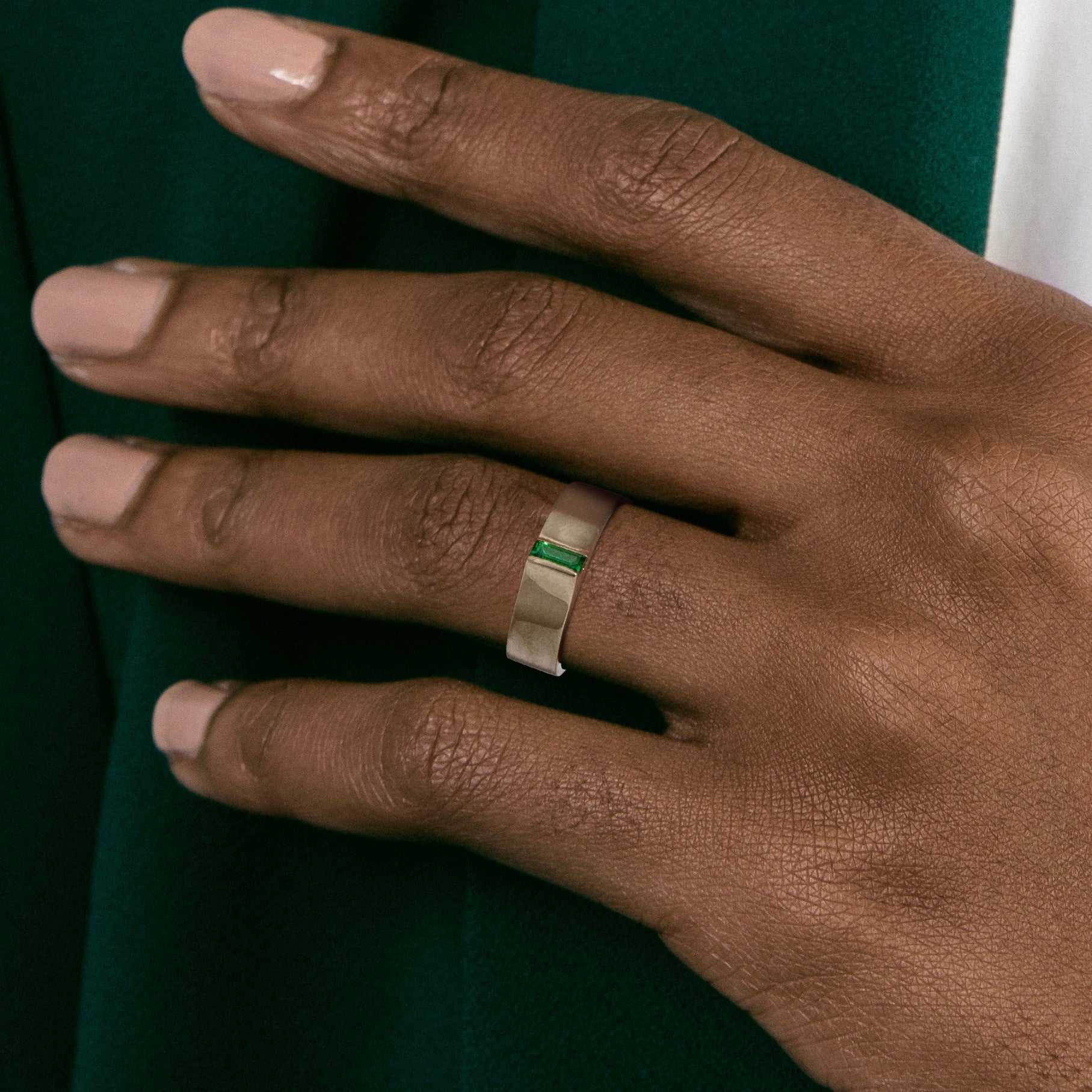 Modern Chunky Wedding Band for Unique Stack with Green stone in solid 14 karat yellow gold by SHW coolest fine jewelry shop in downtown NYC