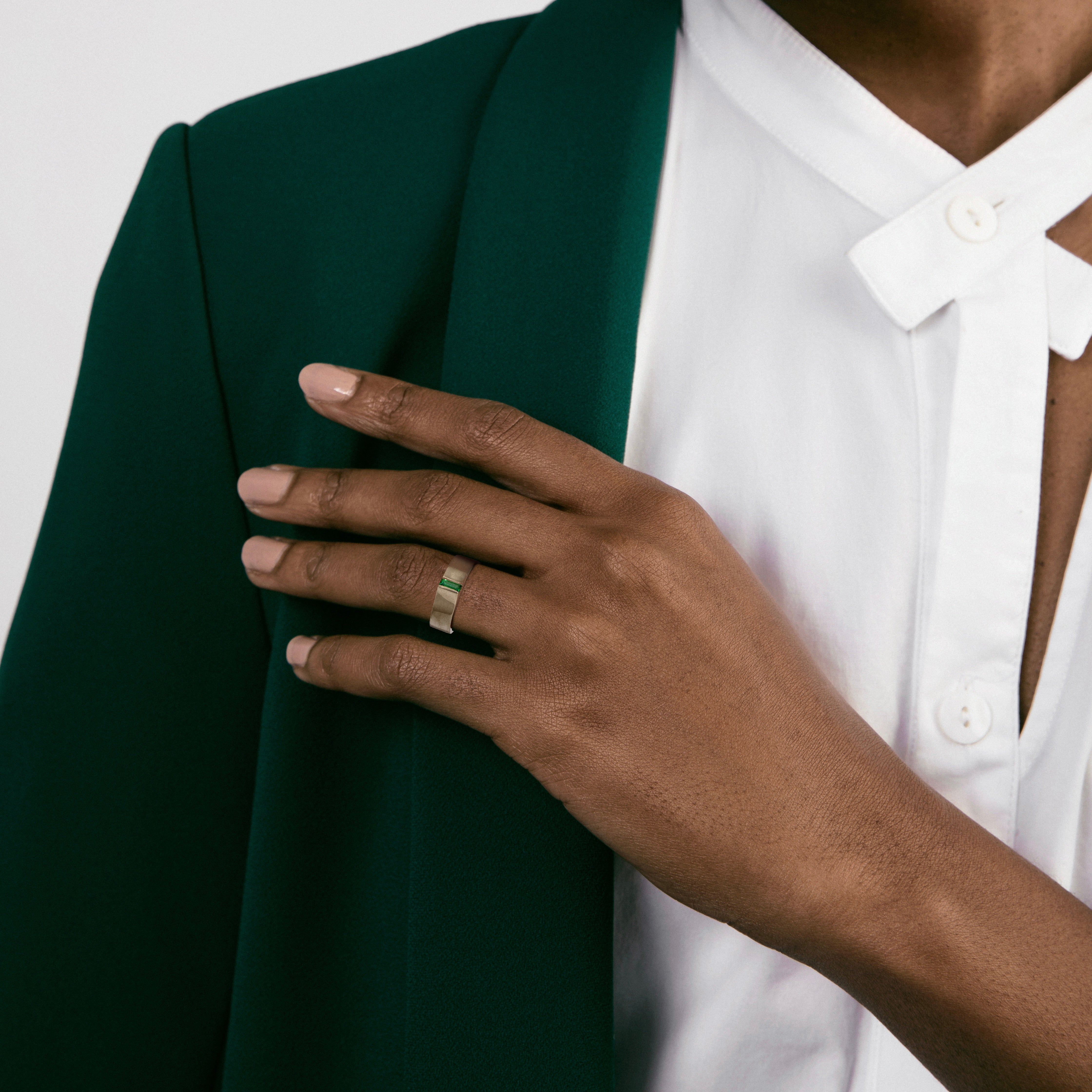 Cool Minimal Wedding Band for Men with a Unique Design Tsavorite in solid 14k yellow gold by SHW best fine jewelry stores in downtown NYC