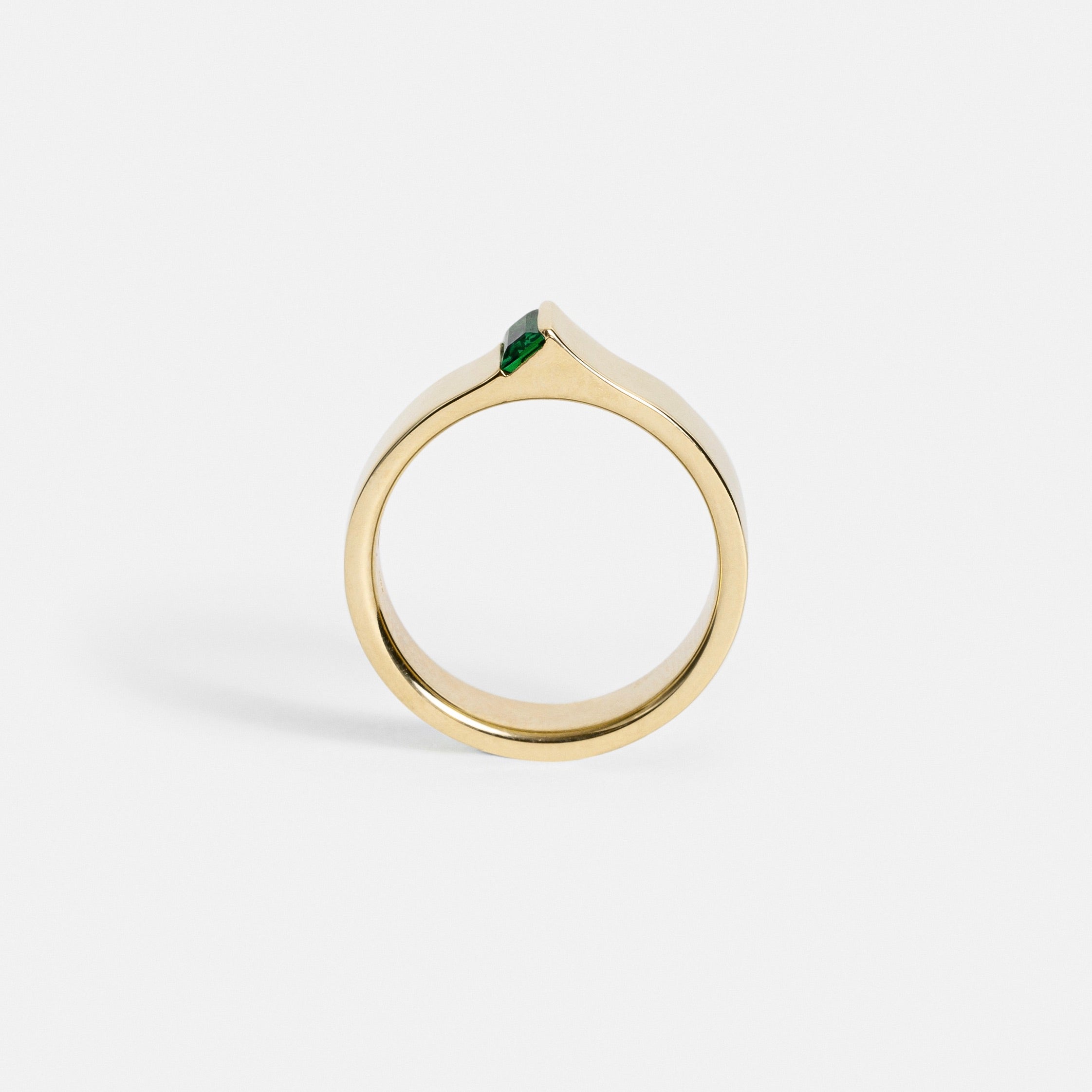 Unusual Shaped Wedding Ring with Sustainable Green Precious Gemstone Tsavorite in solid 14k yellow gold by SHW famous fine jewelry shop NYC