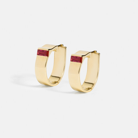 Unique huggie hoop earrings with baguette cut red rubies in solid 14k yellow, white, rose gold by SHW famous fine jewelry store in NYC