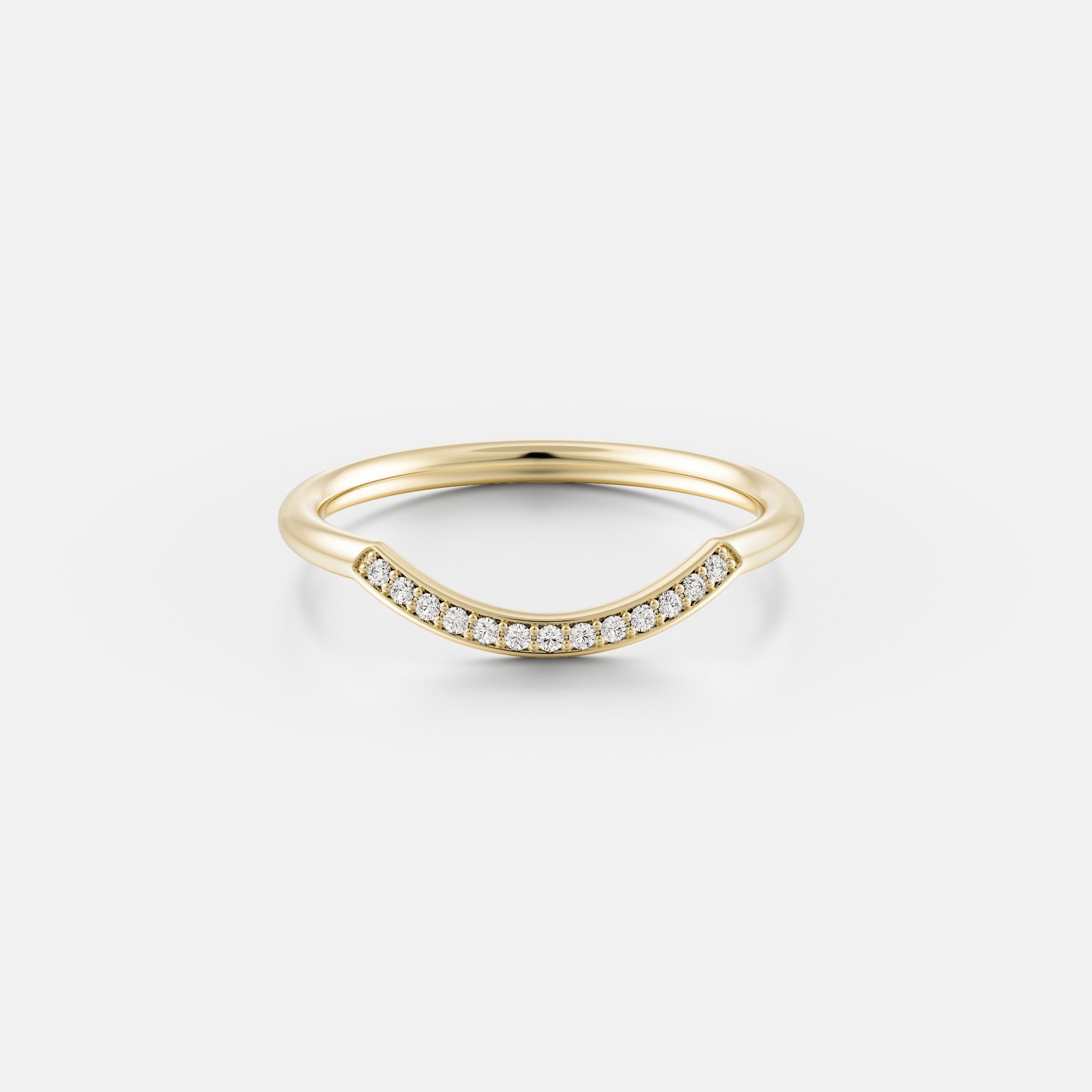 14k yellow gold curved wedding band with pavé round white diamonds