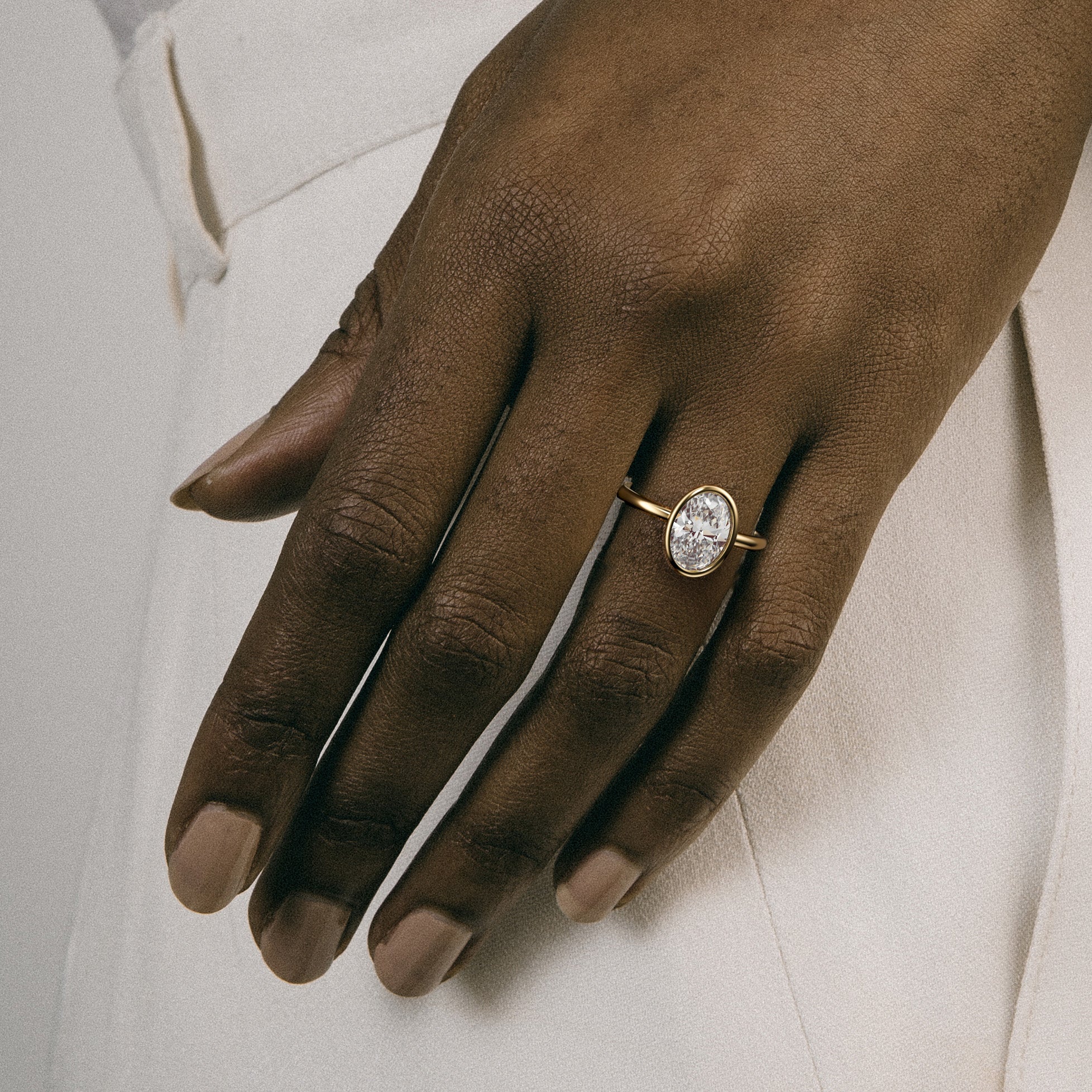 Arti 2.00 ct oval diamond bezel ring close hand detail