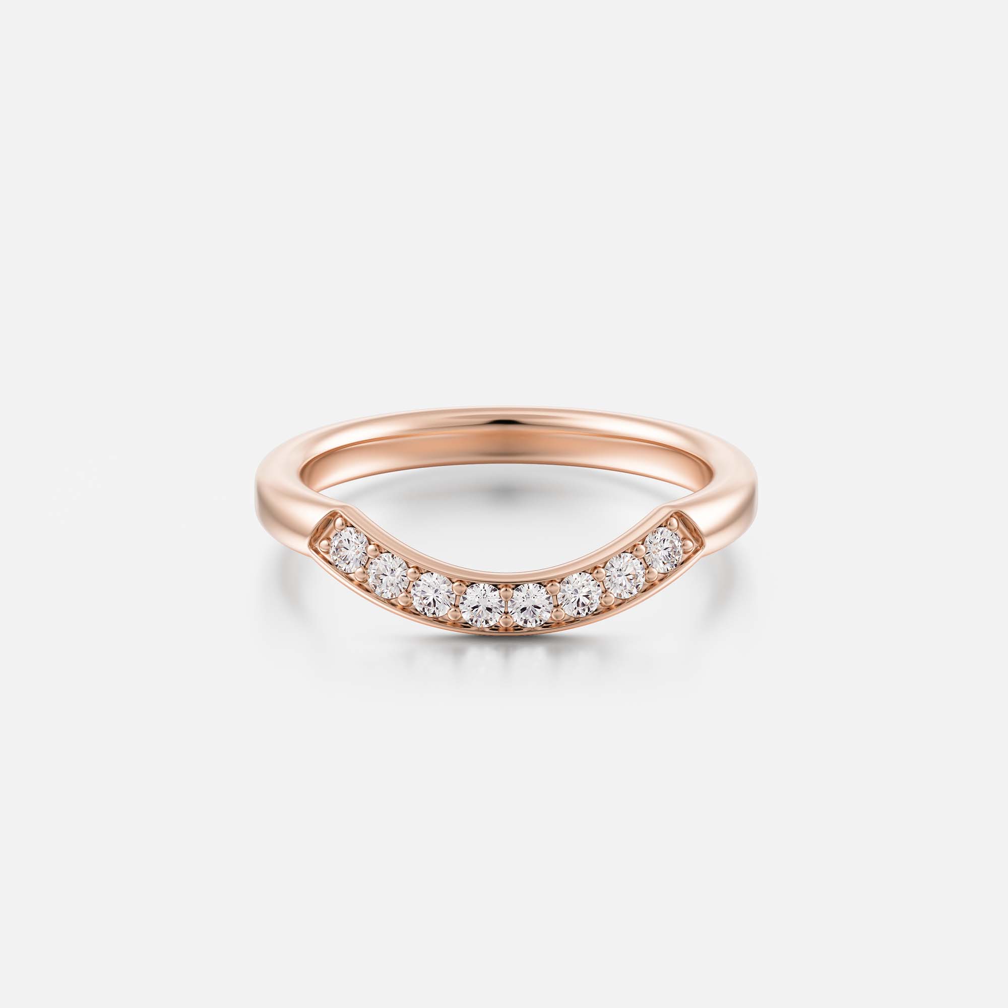 Delicate wedding ring with round band and curved pavé detail, 14k 18k SHW coolest fine jewelry store