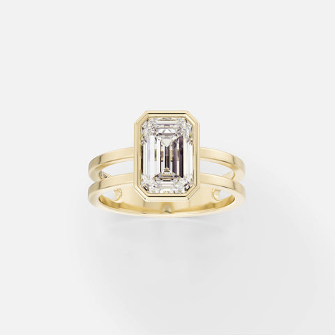 14k yellow gold double band engagement ring with 2 carat emerald-cut diamond in thin bezel setting
