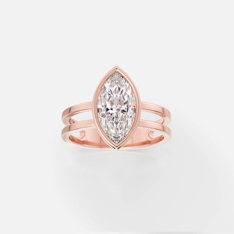 14k rose gold double band engagement ring with 1.75 carat marquise diamond set north south in thin bezel