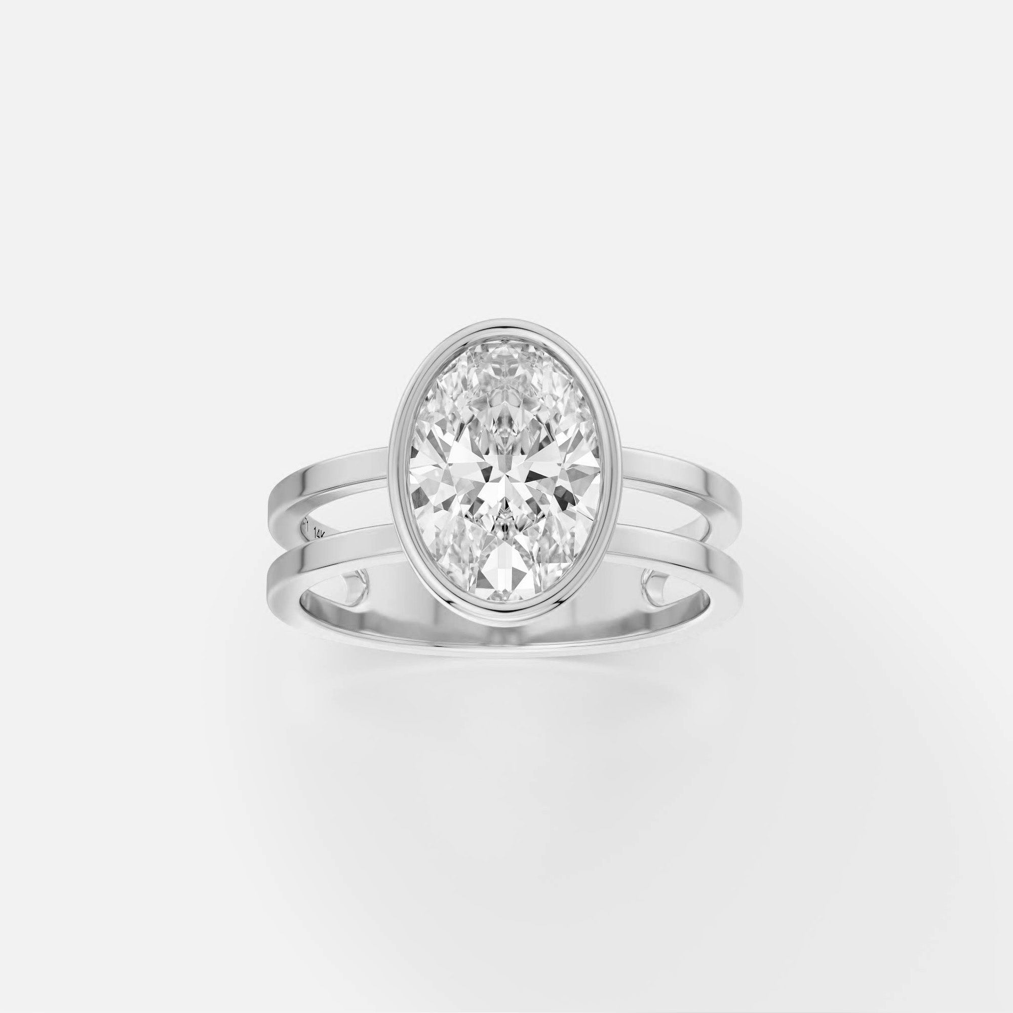 Platinum double band engagement ring with 2 carat oval diamond set north south in thin bezel