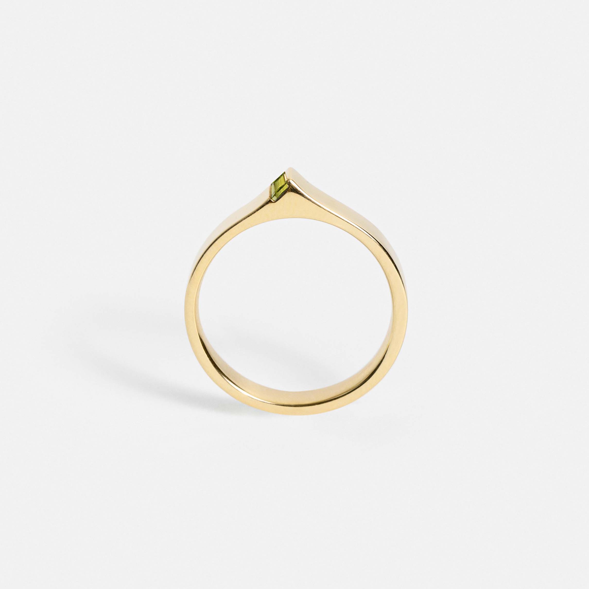 Contemporary solid gold ring with 4mm flat band and peridot gemstone, bold sculptural SHW jewelry NYC