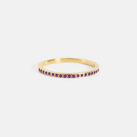 14k yellow gold thin half eternity band with pavé amethyst stones