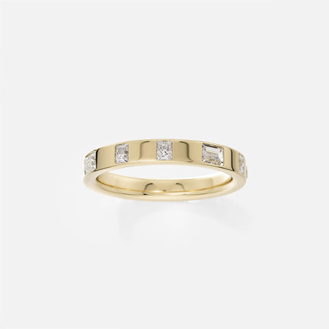 14k yellow gold 3mm eternity wedding band with baguette and princess-cut diamonds
