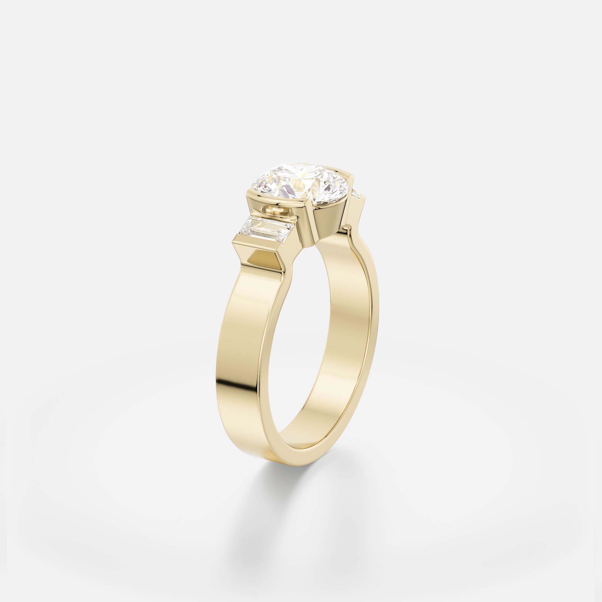 round brilliant diamond three stone engagement ring with baguette side stones in matching partial bezel settings on modern flat band