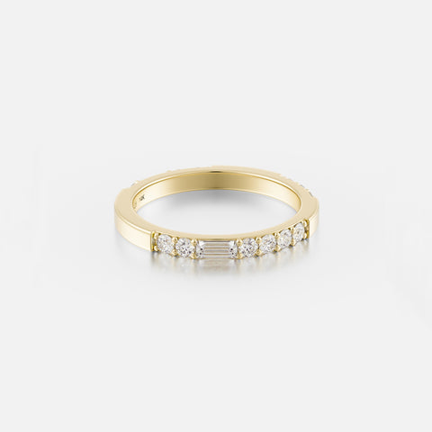 14k yellow gold 2mm eternity band with round and baguette-cut white diamonds