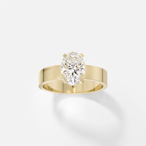 14k yellow gold engagement ring with 1.50 carat oval diamond set north south in corner prongs on flat profile band