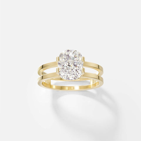 14k yellow gold double band engagement ring with 1.50 carat cushion-cut diamond set north south