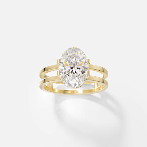 14k yellow gold open double band engagement ring with 2 carat oval diamond set north south