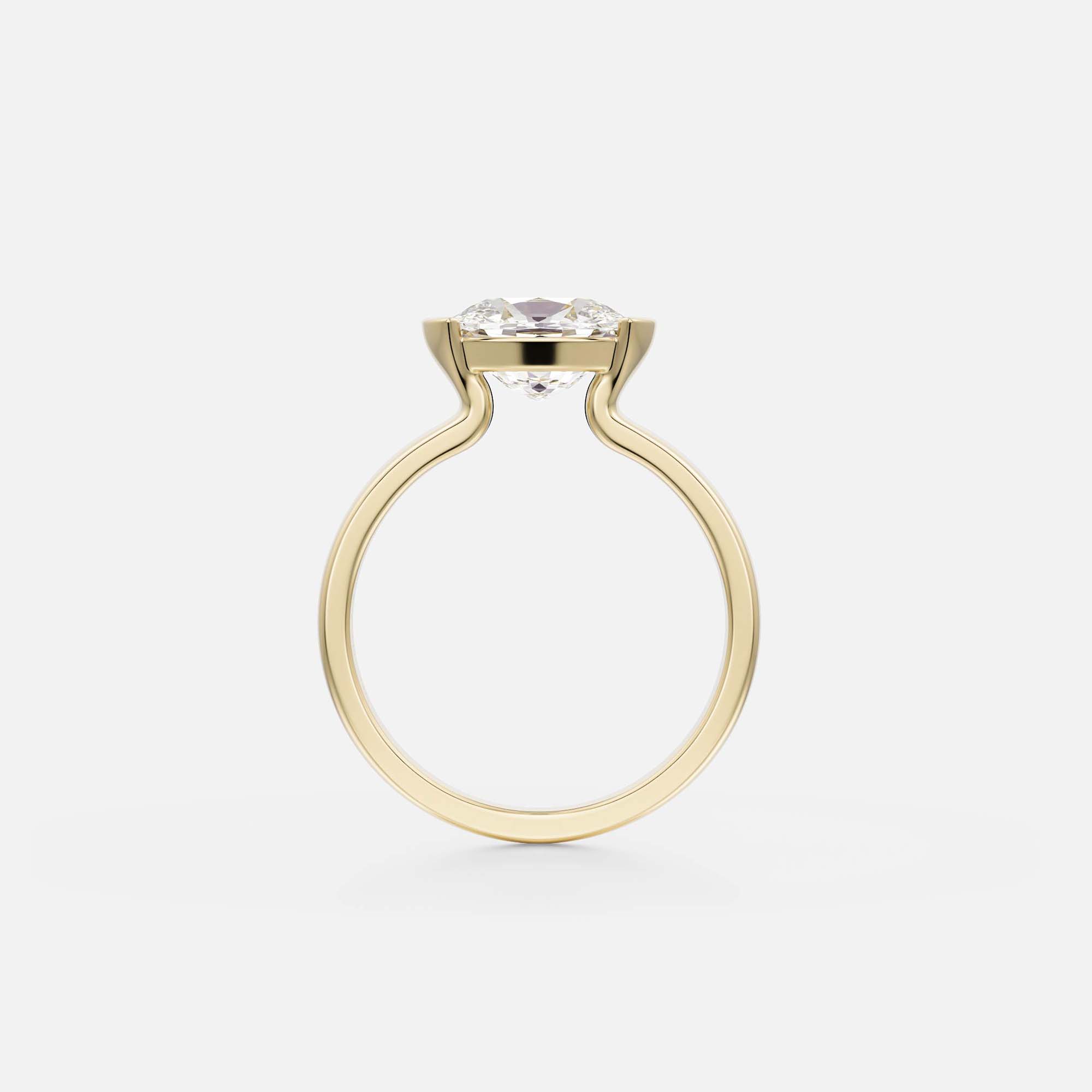 side view of east-west cushion diamond engagement ring with tapering band and partial bezel open setting