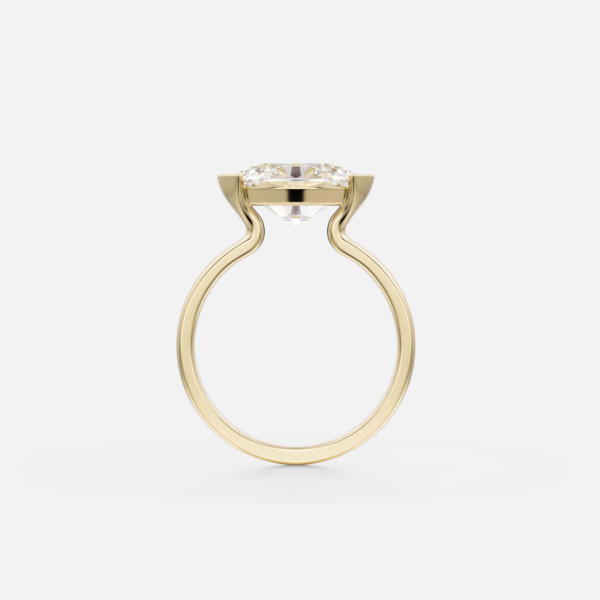 side view of east-west oval diamond engagement ring with tapering band and partial bezel open setting