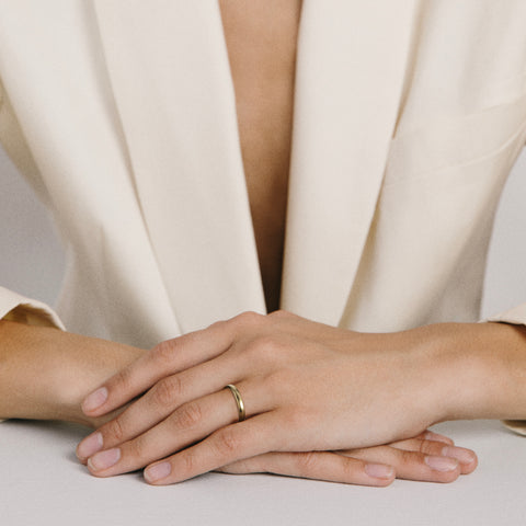 3mm flat profile band shown worn in natural light