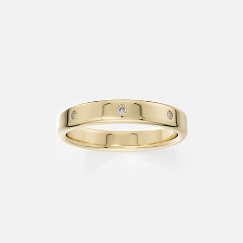 14k yellow gold diamond wedding band with clean, modern spacing