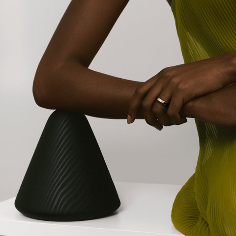 4mm flat profile wedding band shown worn in natural light