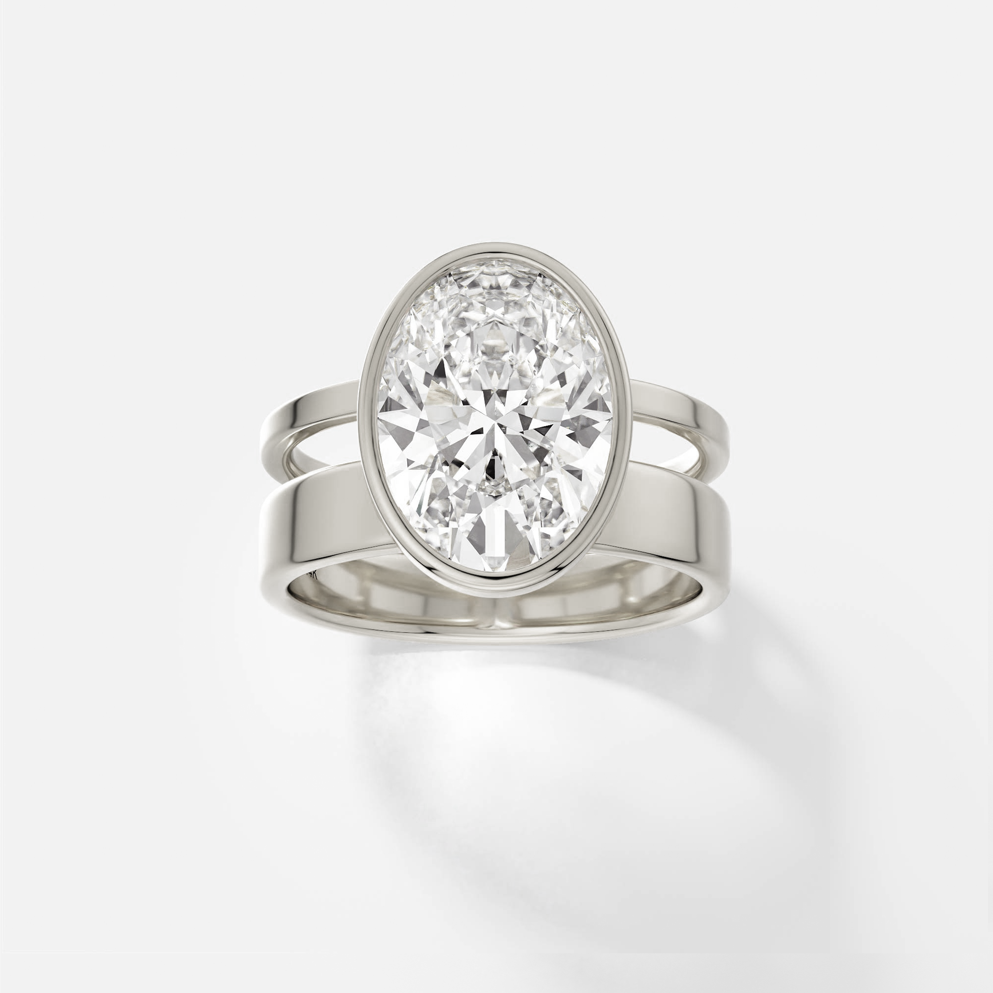 Unique Architectural Double Band Prong Set Engagement Ring with Oval One Two Three Carat Lab-Grown Natural Diamond 14k 18k Gold Platinum SHW Fine Jewelry Lower East Side