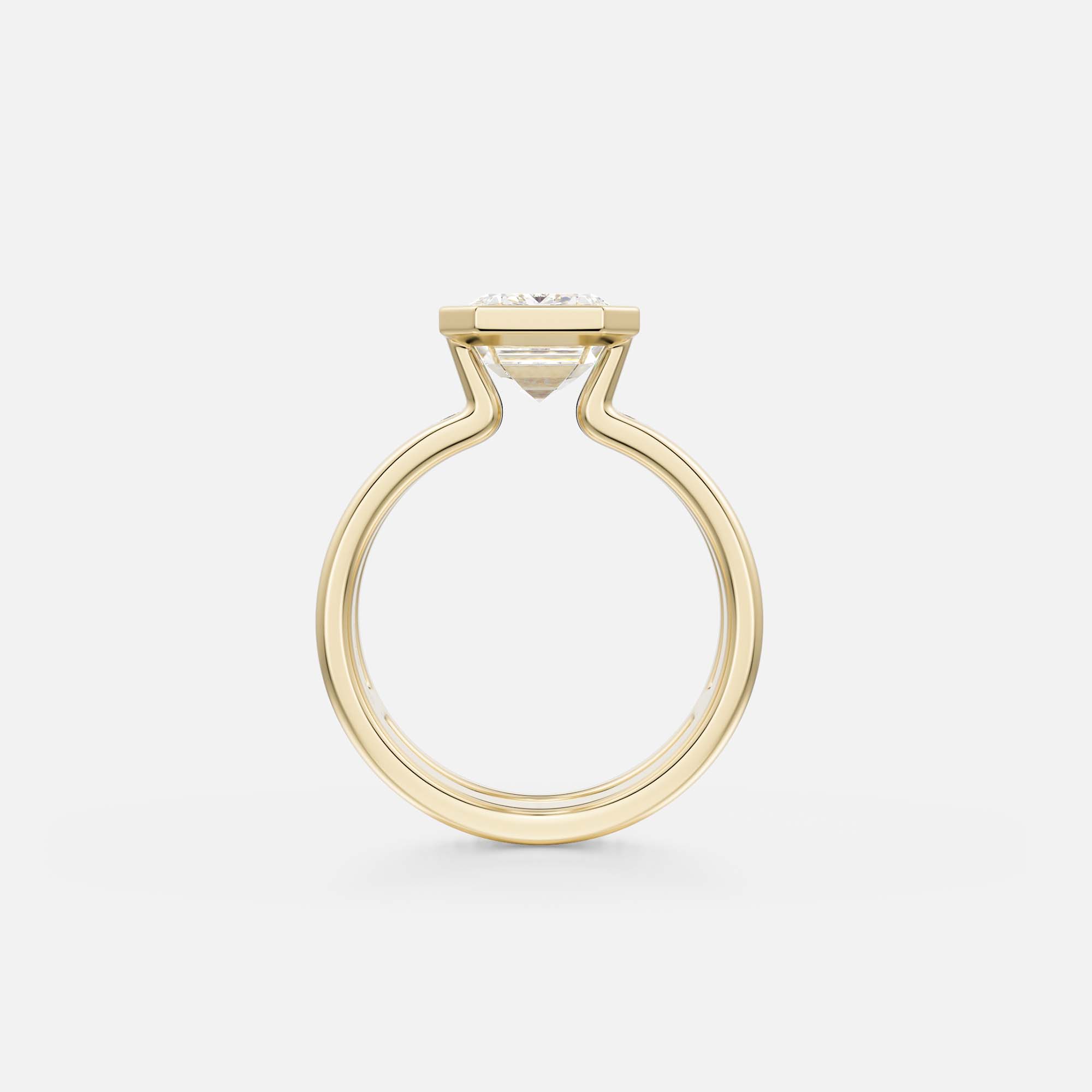 side view of 4 carat emerald-cut diamond bezel engagement ring with pavé diamond eternity band on connected double band