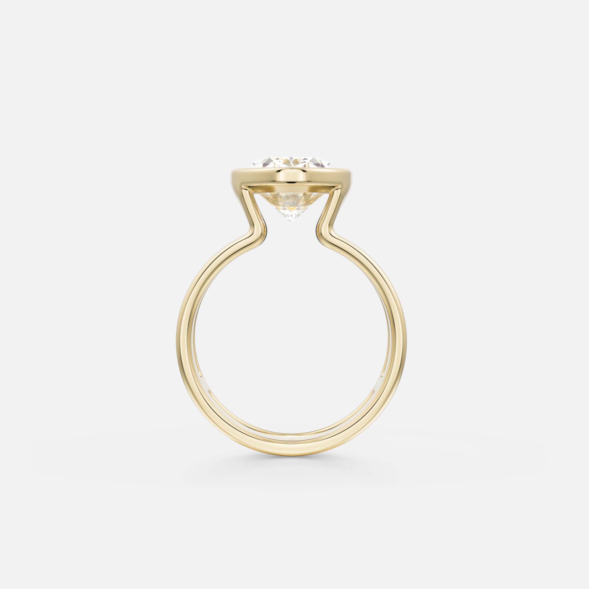 side profile of 4 carat oval diamond bezel engagement ring with open setting on double band